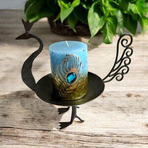 Vintage Metal Peacock Candle Holder With Blue & Gold Embellished Pillar Candle